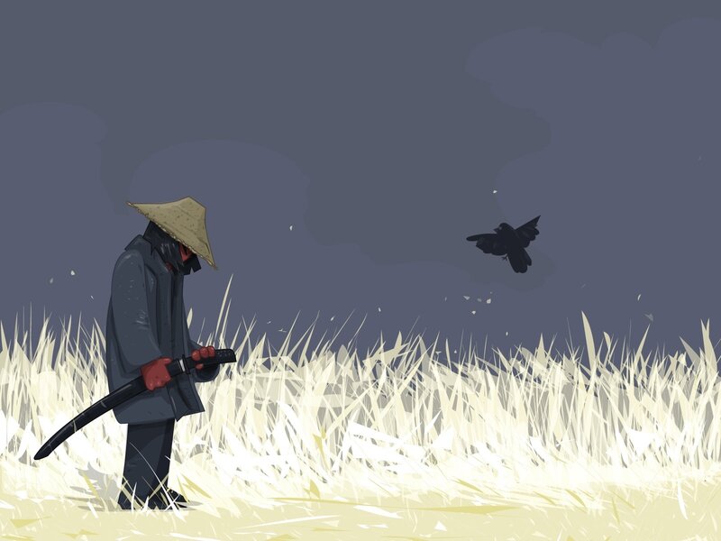 Samurai in a Field — Gray, Dramatic, Night