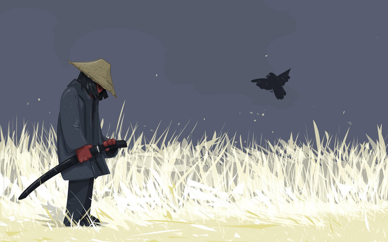 Samurai in a Field — Gray, Dramatic