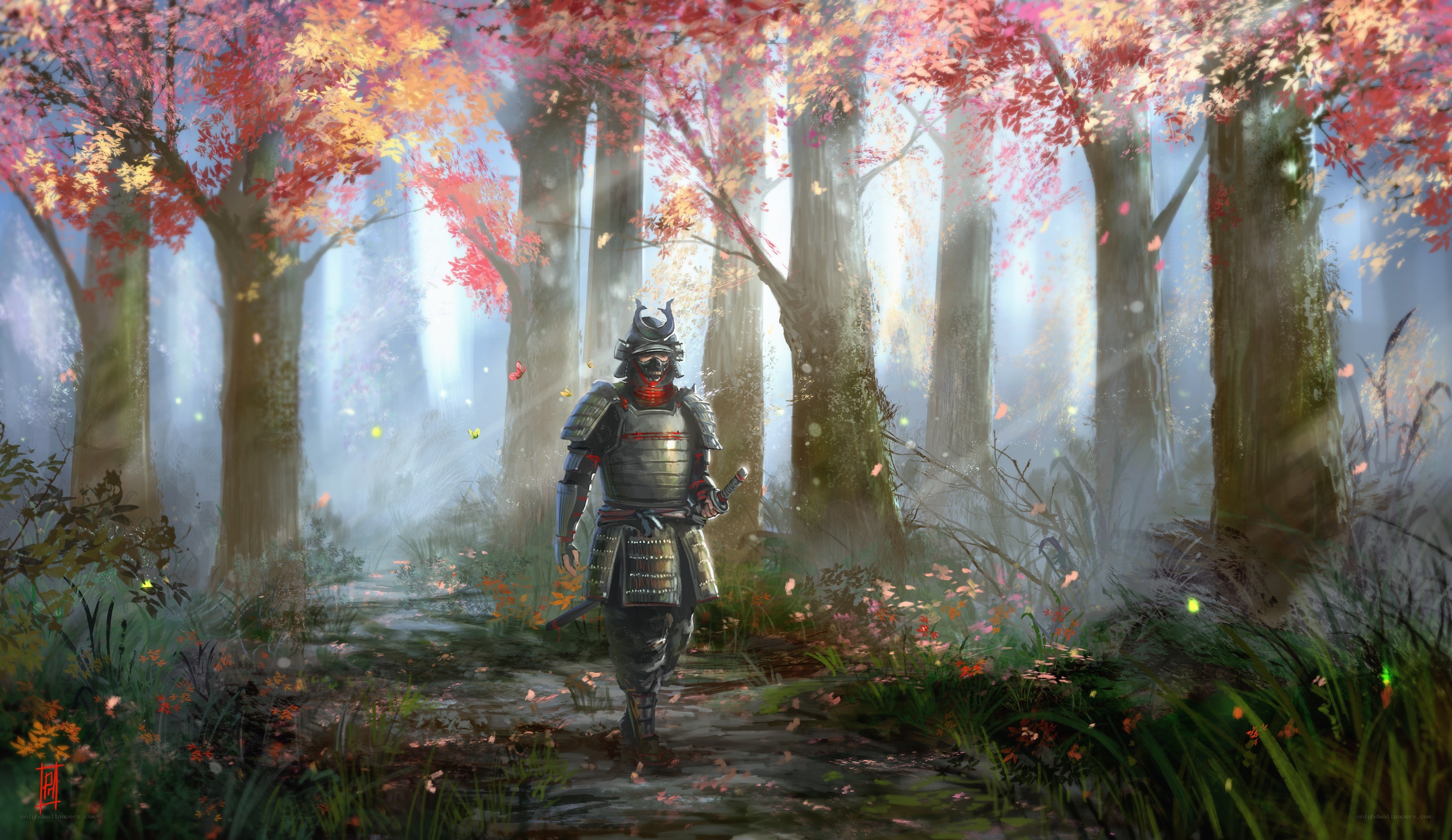 Samurai in autumn forest