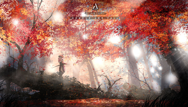 Samurai in Autumn Forest — Red, Dramatic, Digital Art
