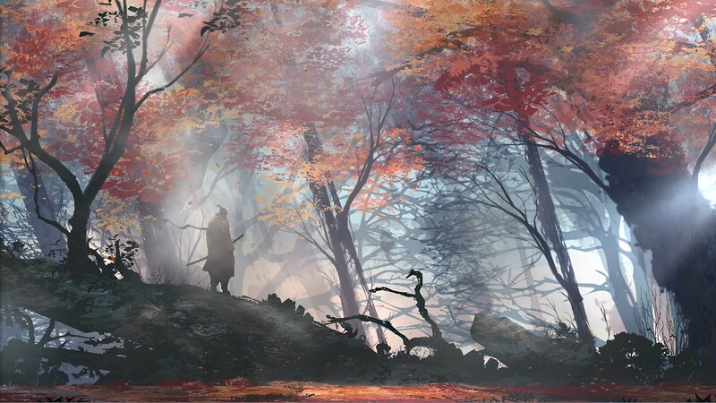 Samurai in Autumn Forest — Red, Dramatic