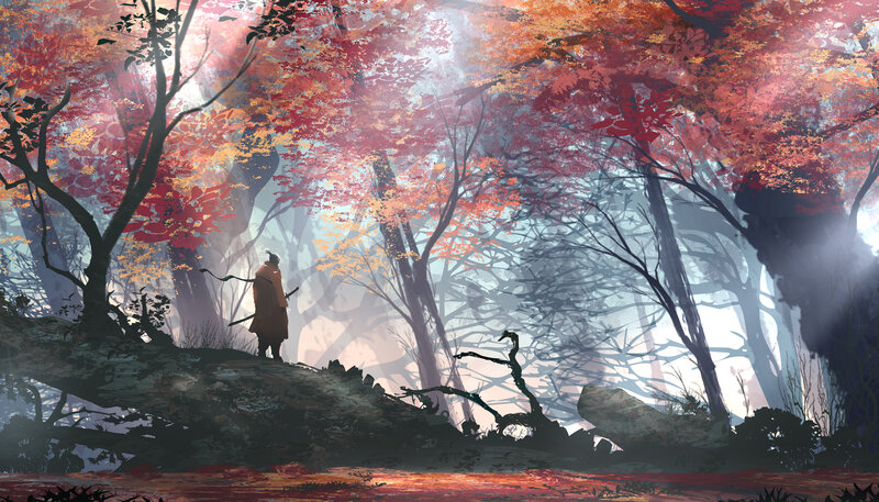 Samurai in Autumn Forest — Red