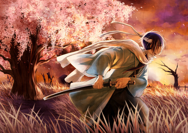 Samurai in Cherry Blossom Field — Pink