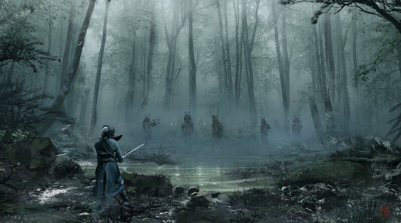 Samurai in Misty Forest — Green, Dark