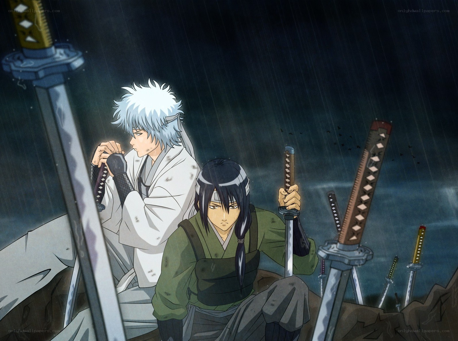 Samurai in the rain with swords