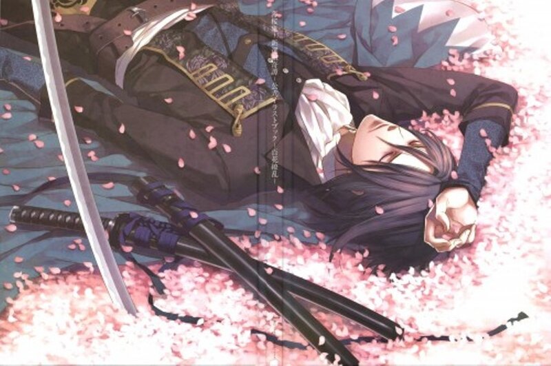 Samurai lying in cherry blossoms
