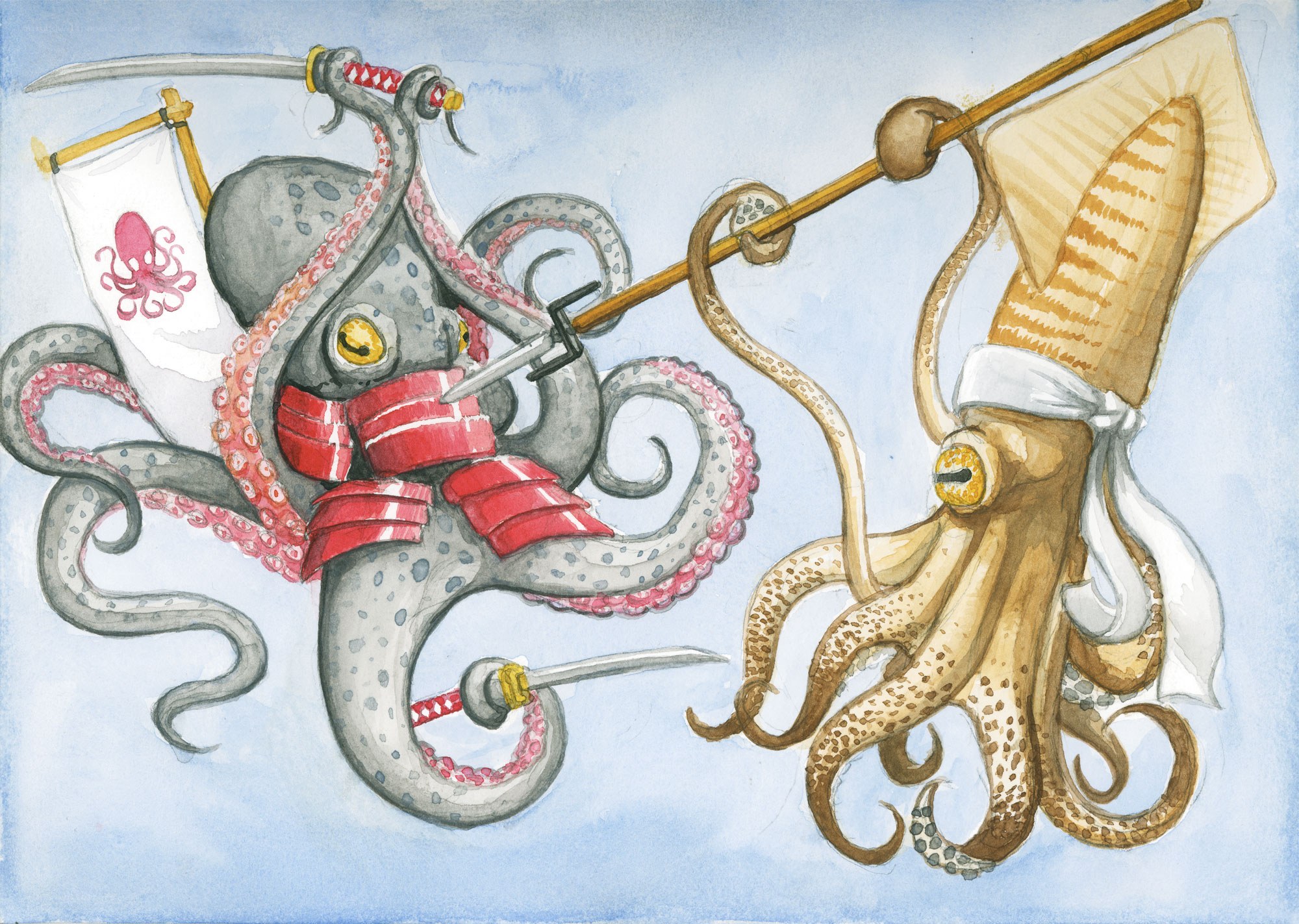 Samurai octopus and squid battle