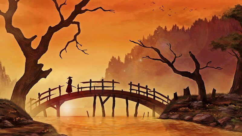 Samurai on a Bridge — Orange, Serene