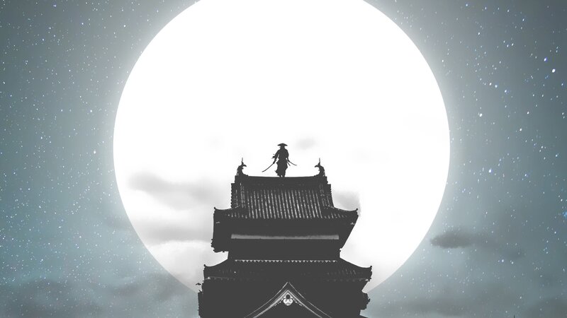 Samurai on Castle Roof — Black