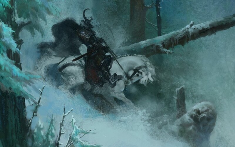 Samurai on horse in snowy forest