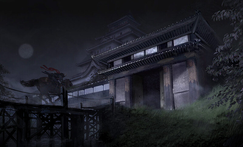 Samurai on horseback at night