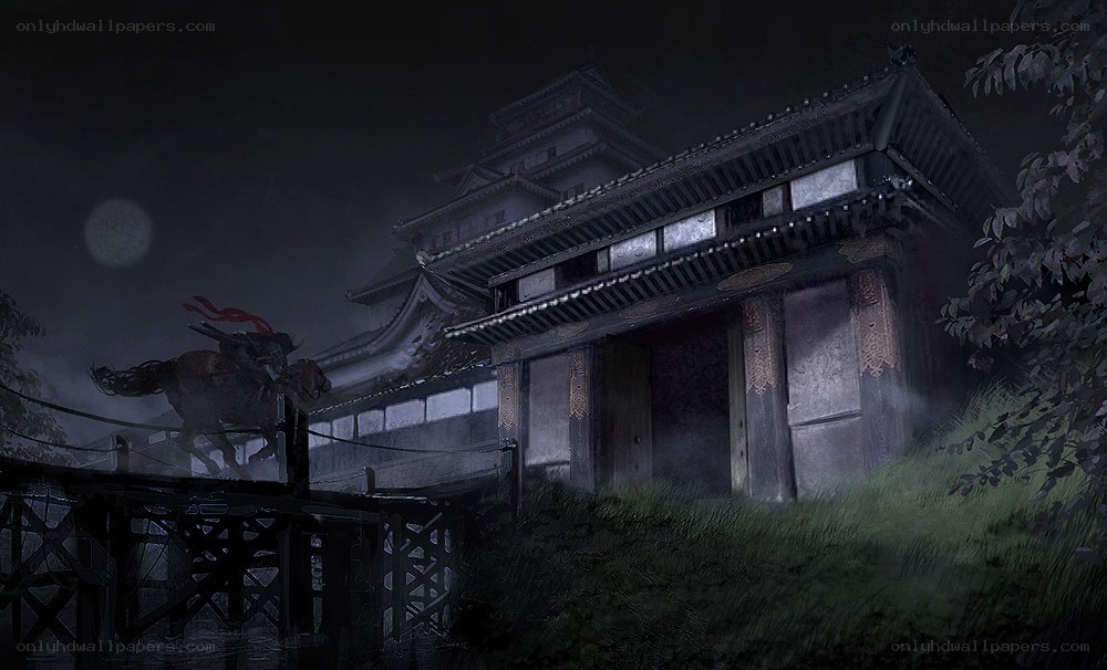 Samurai on horseback at night