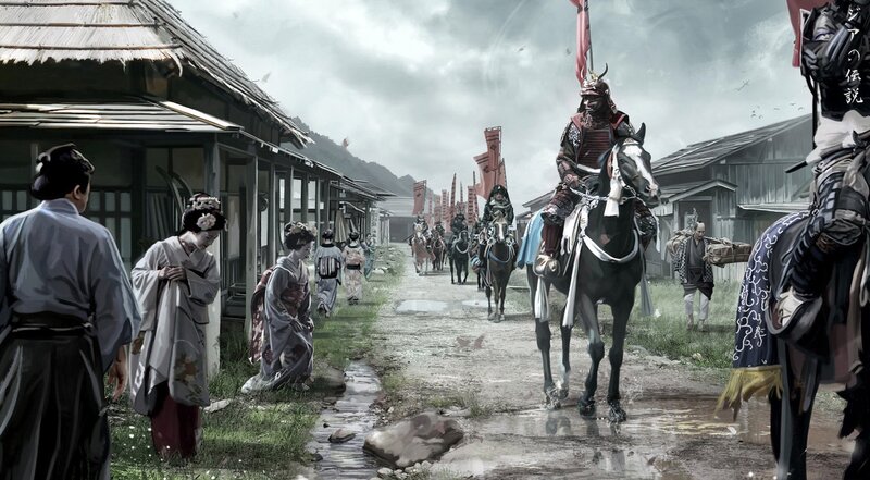 Samurai on Horseback — Gray, Dramatic, Digital Art