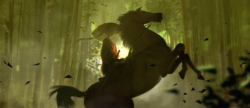 Samurai on Horseback — Green, Dramatic, Night