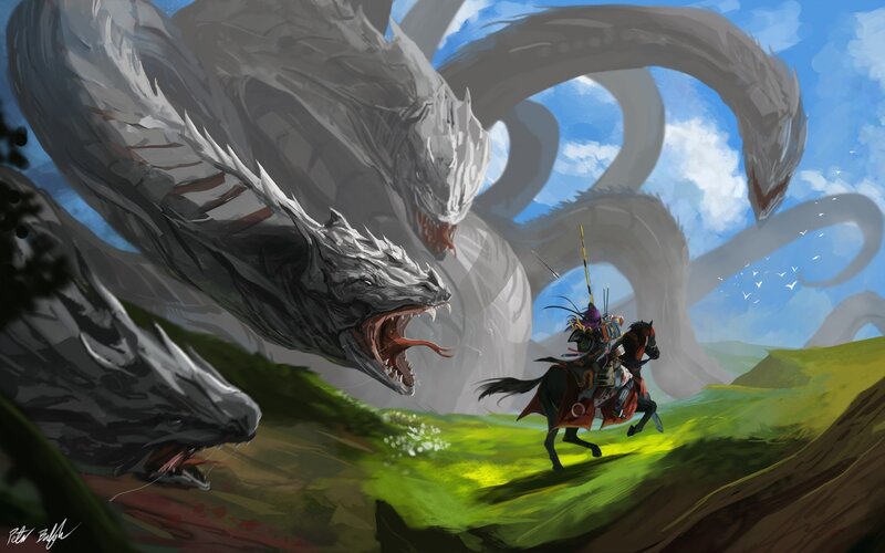 Samurai on Horseback — Green, Dramatic