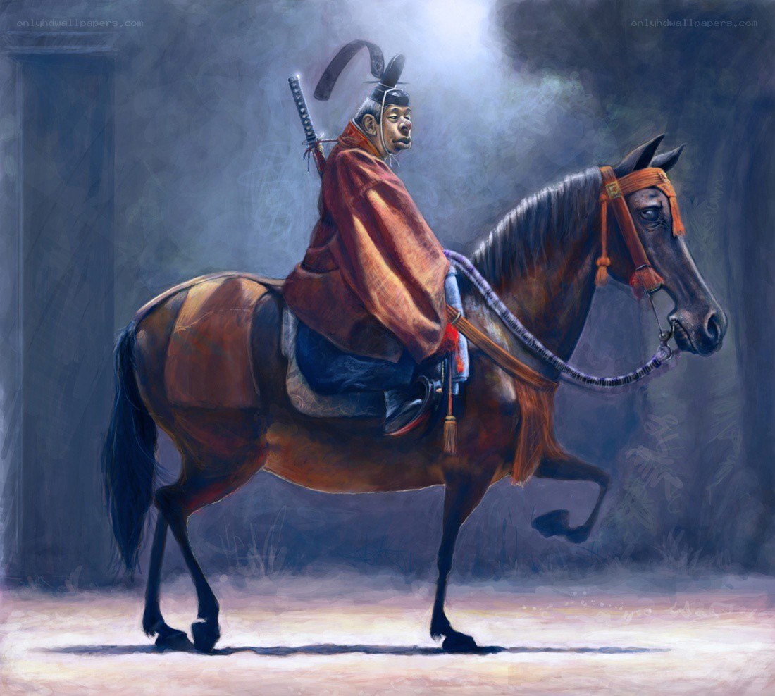 Samurai on horseback in mist