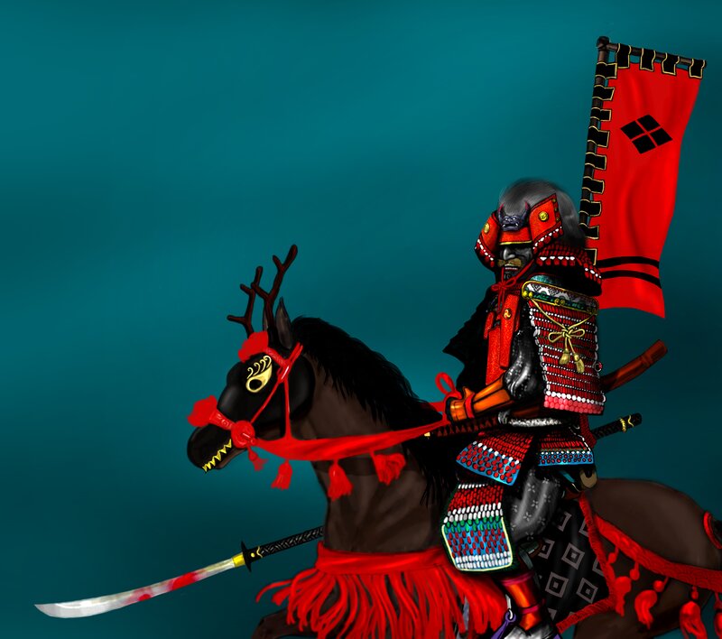 Samurai on Horseback — Red, Dramatic