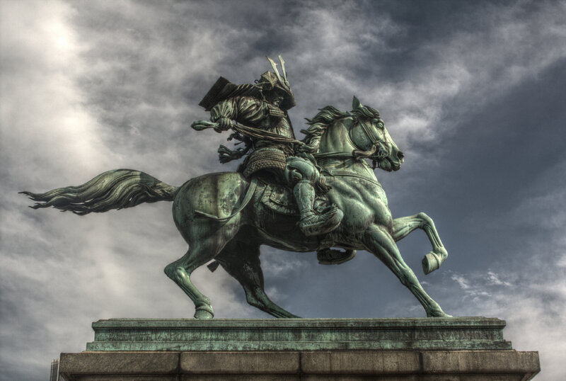 Samurai on Horseback Statue — Green, Dramatic