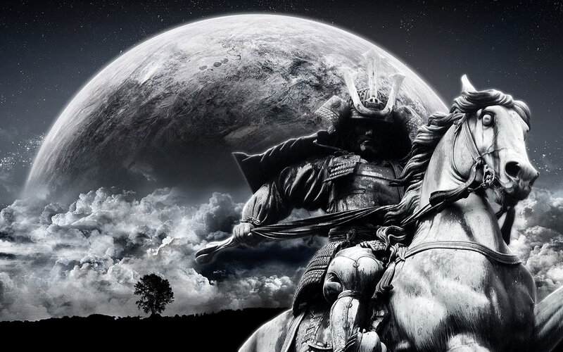 Samurai on horseback under moon