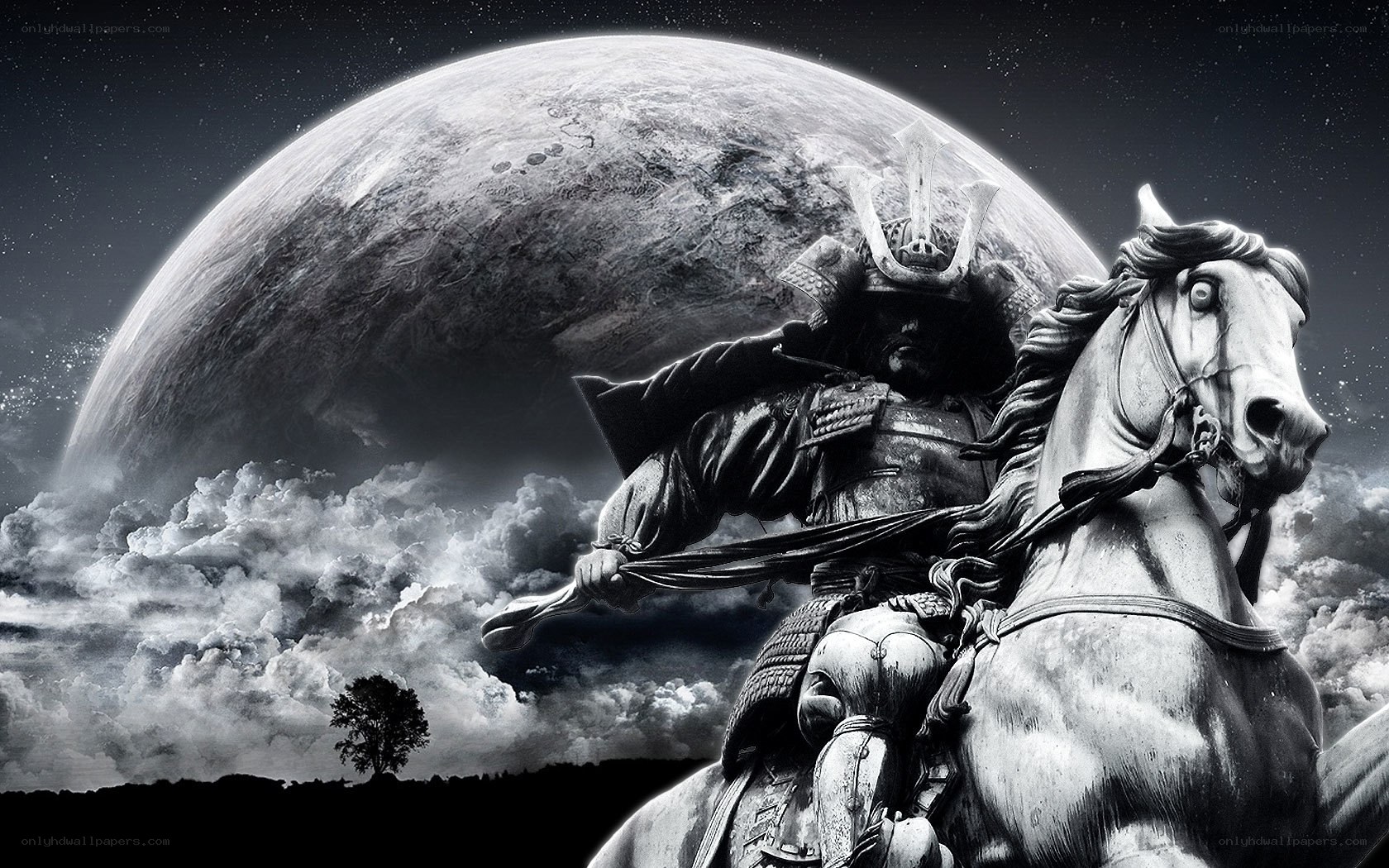 Samurai on horseback under moon