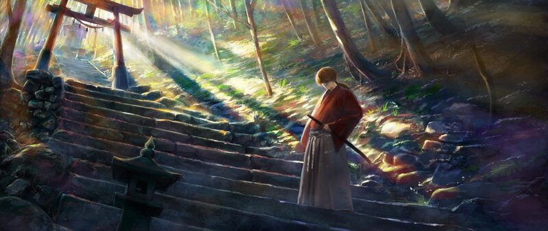 Samurai on Stone Steps — Brown, Serene