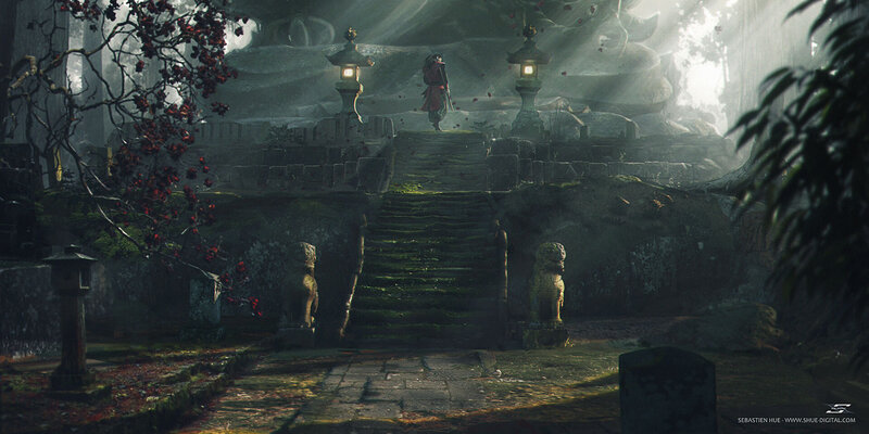 Samurai on Stone Steps — Green, Dramatic