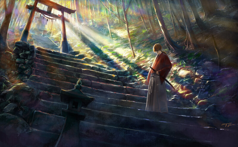 Samurai on Stone Steps — Green