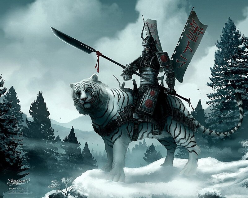Samurai on White Tiger — Dramatic, Winter, Digital Art, Sword, Flag