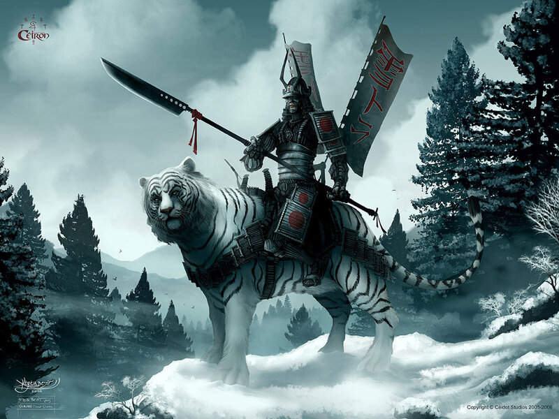 Samurai on White Tiger — Dramatic, Winter, Digital Art, Sword