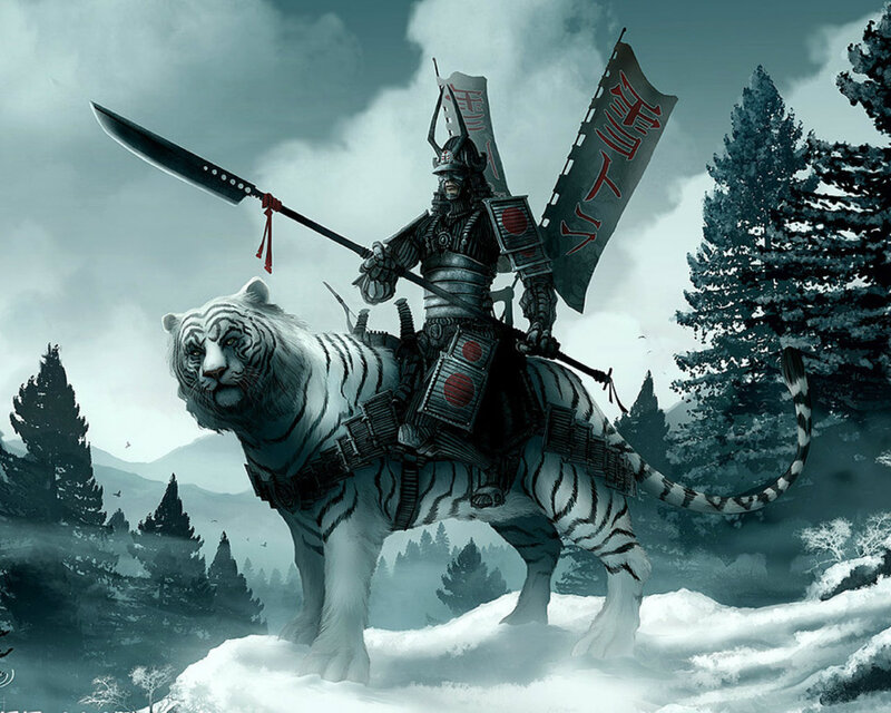 Samurai on White Tiger — Dramatic, Winter, Digital Art