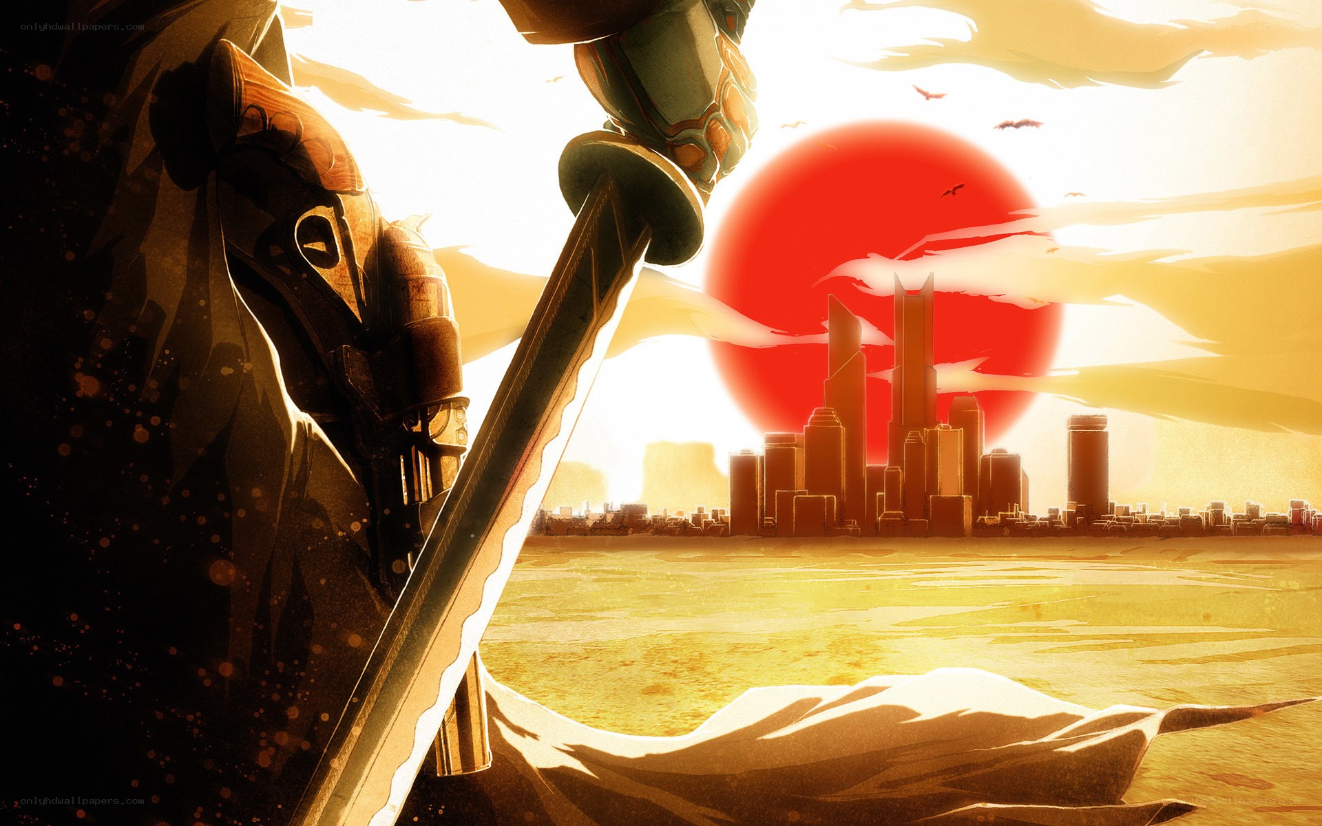 Samurai overlooking a city at sunset