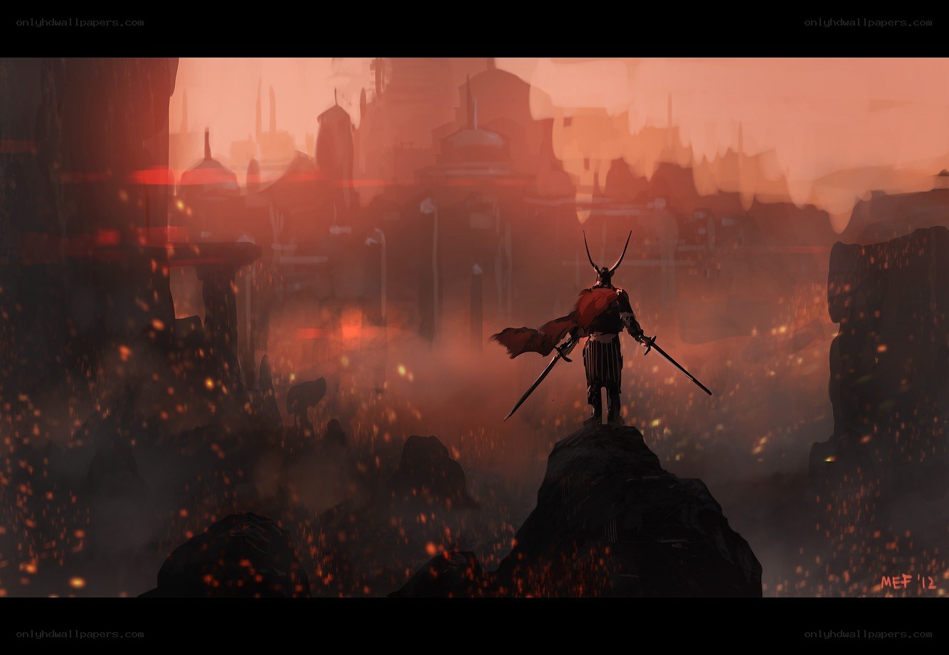Samurai overlooks a burning city