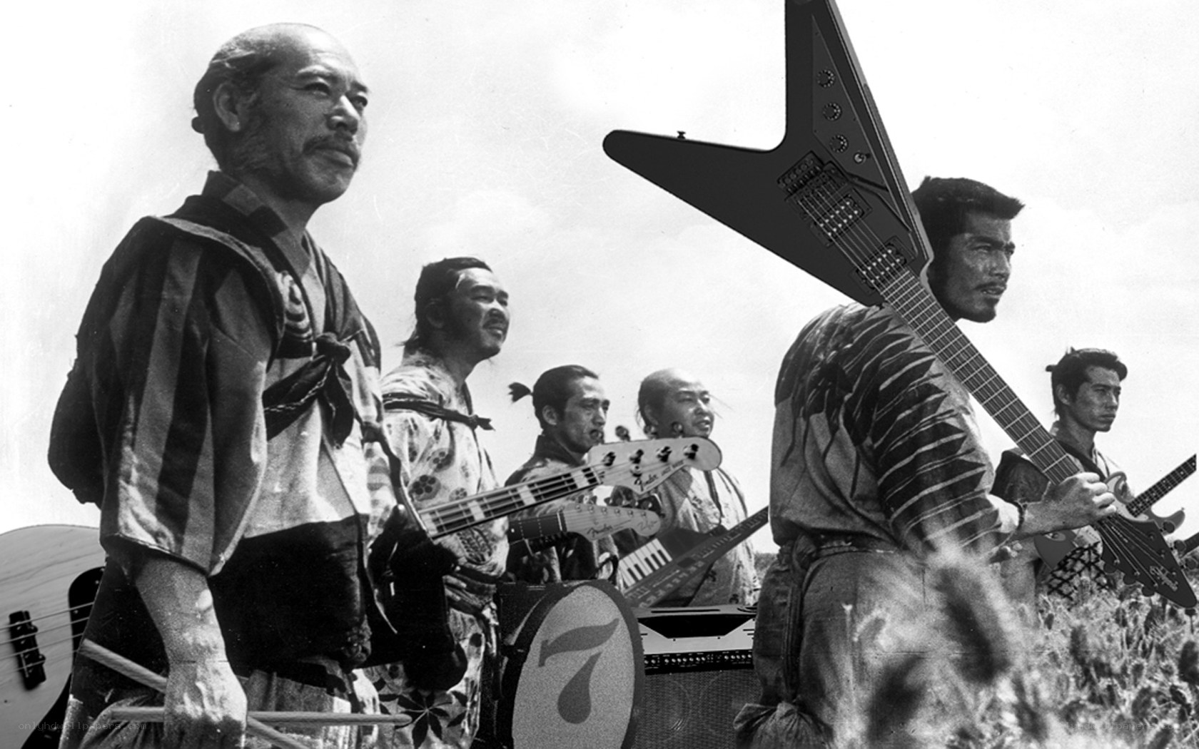 Samurai rock band in field