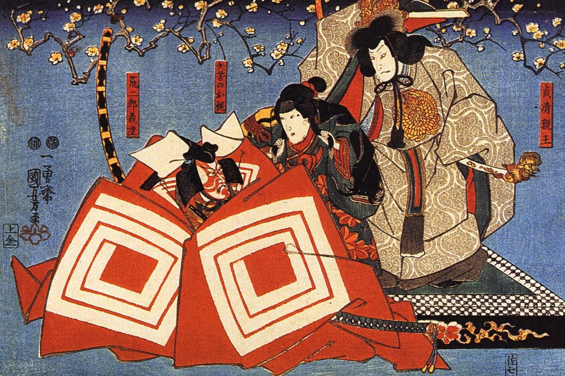 Samurai scene with plum blossoms