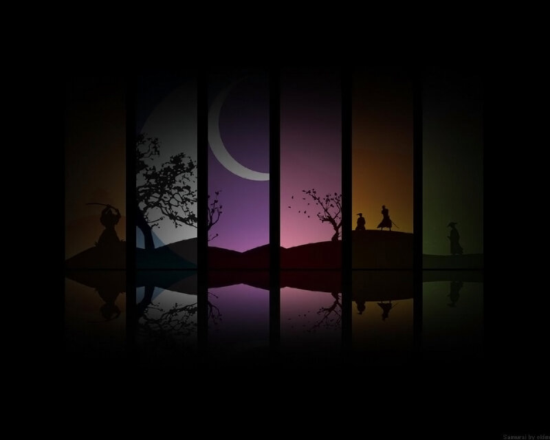 Samurai silhouettes at dusk