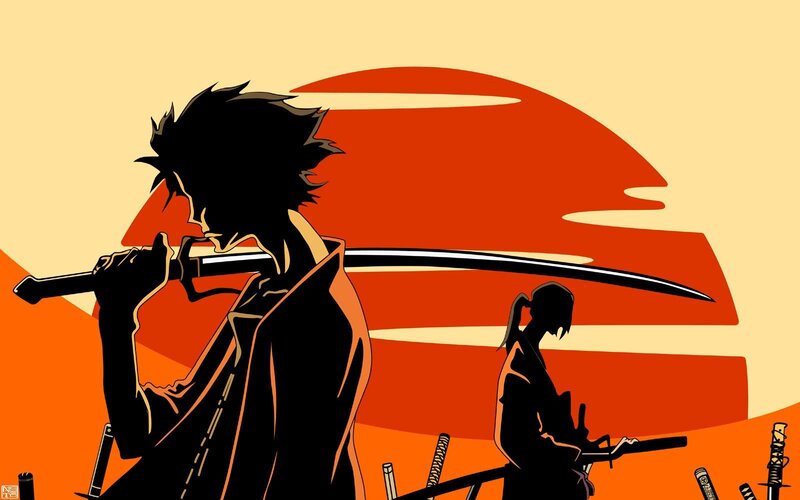 Samurai silhouettes at sunset