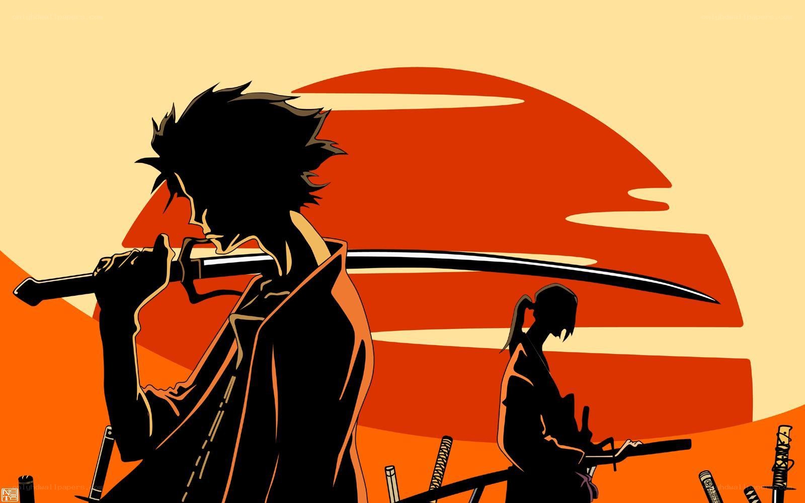 Samurai silhouettes at sunset