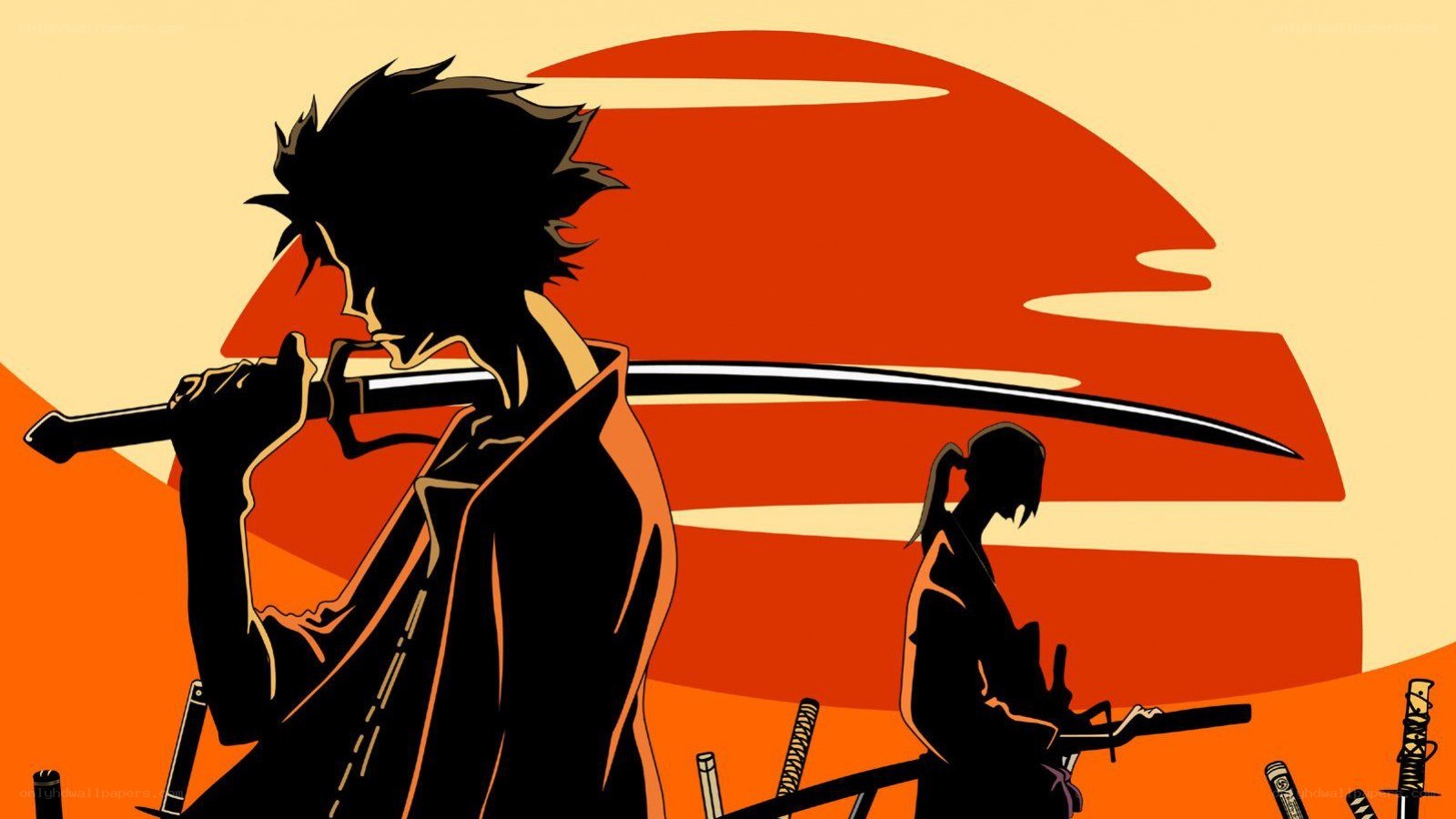 Samurai silhouettes at sunset