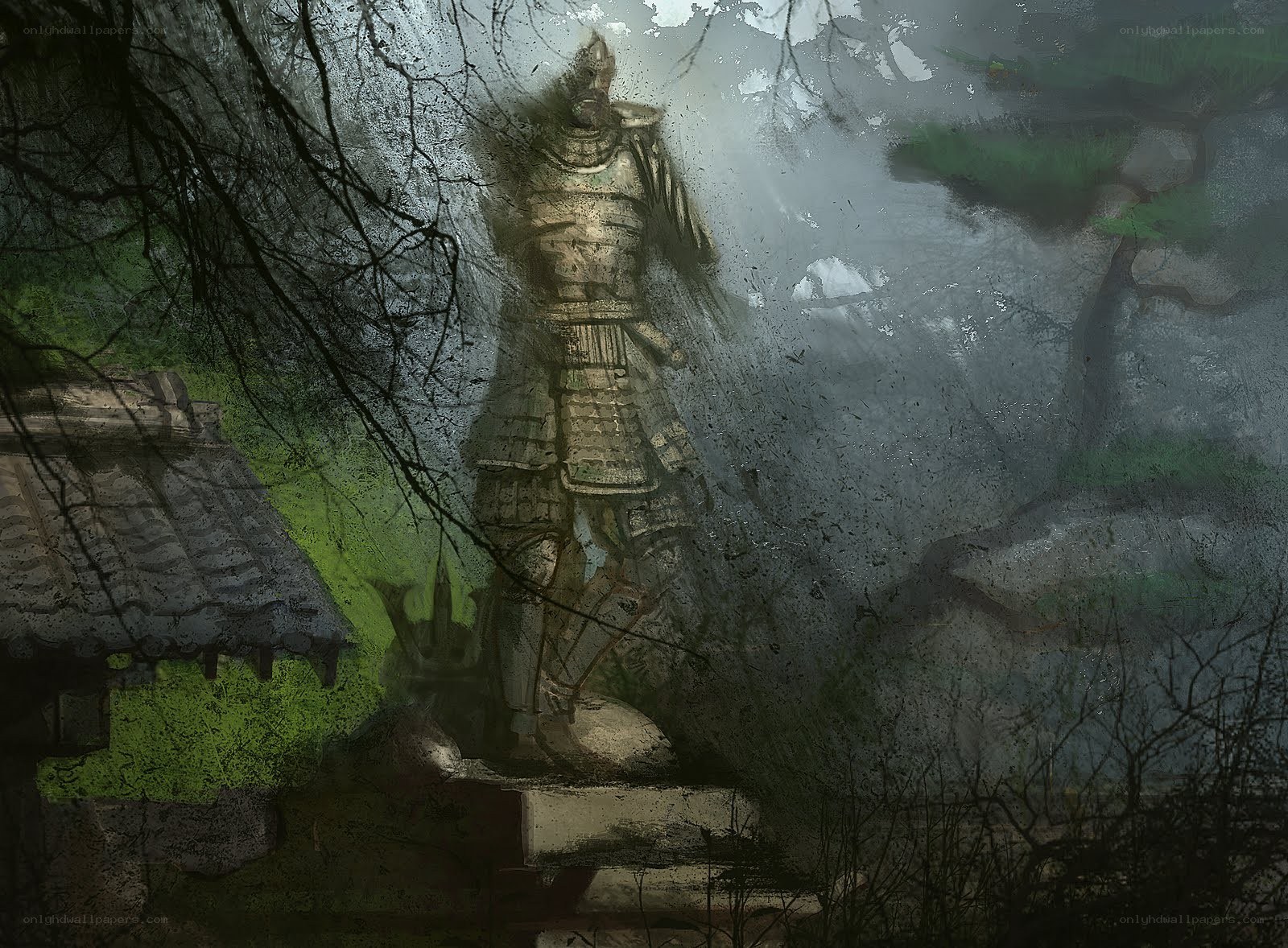 Samurai statue in misty forest