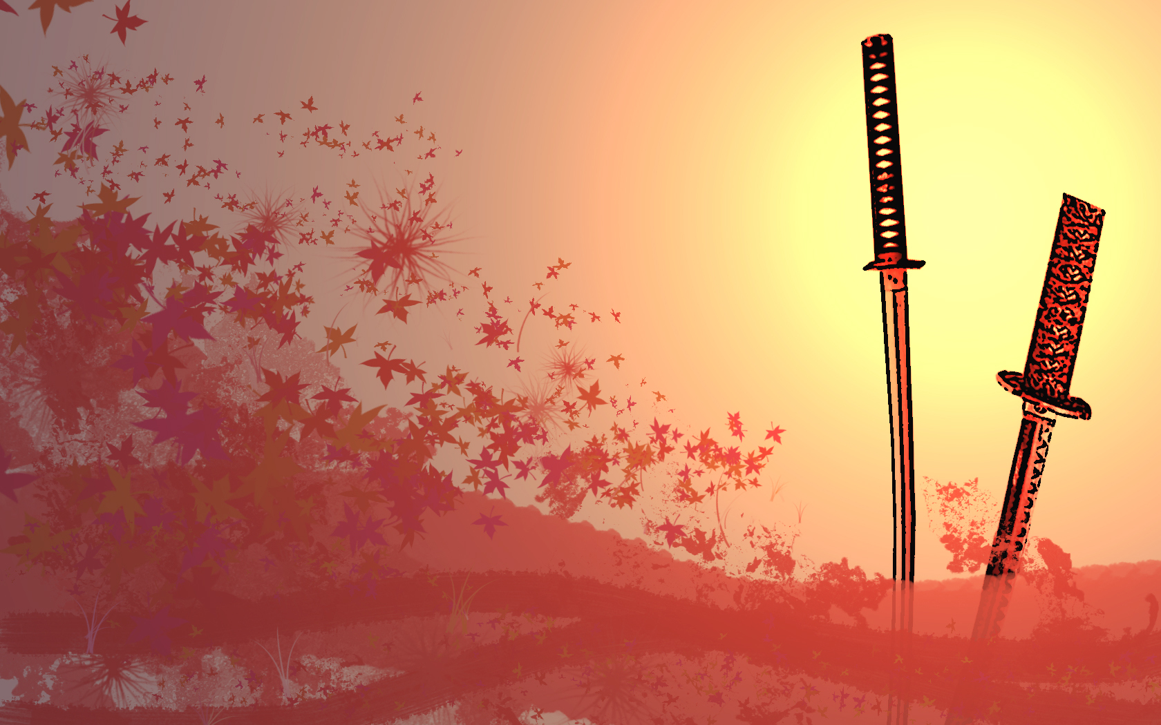 Samurai swords at sunset