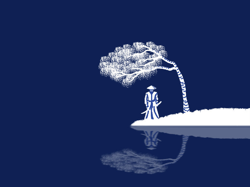 Samurai under Tree — Blue, Serene