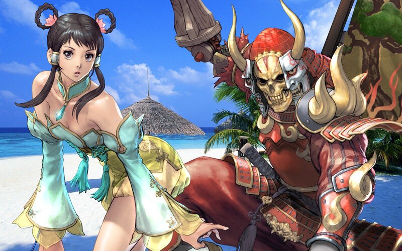 Samurai warrior and woman on beach