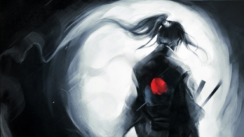 Samurai Warrior — Black, Dramatic, Night, Digital Art, Sword, Moon