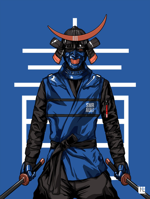 Samurai Warrior — Blue, Dramatic, Digital Art