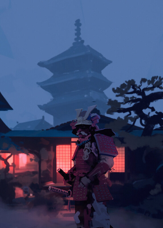 Samurai Warrior — Blue, Dramatic, Night, Digital Art, Pagoda