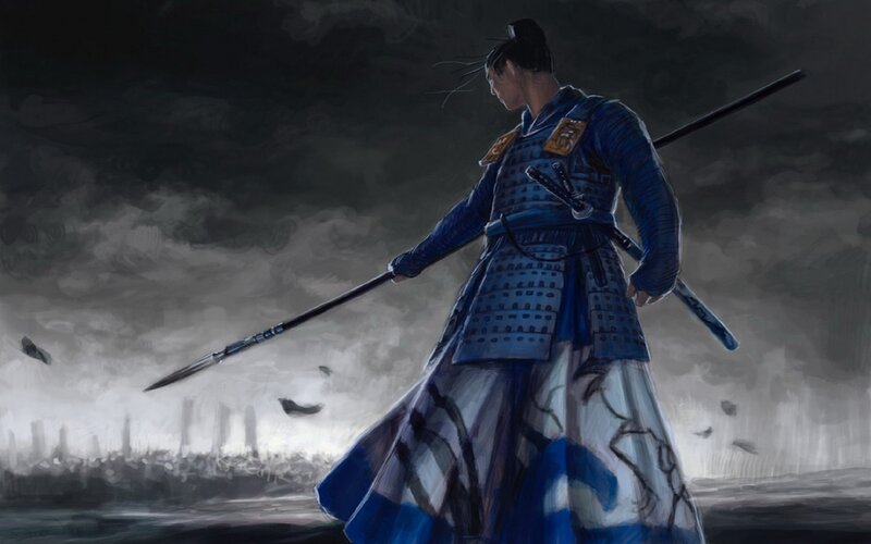 Samurai Warrior — Blue, Dramatic, Night, Digital Art, Spear