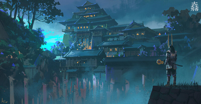 Samurai Warrior — Blue, Dramatic, Night, Digital Art