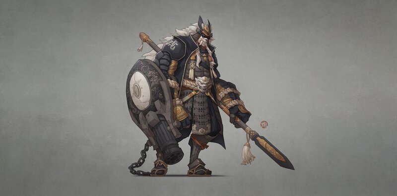 Samurai Warrior — Gray, Dramatic, Digital Art, Shield