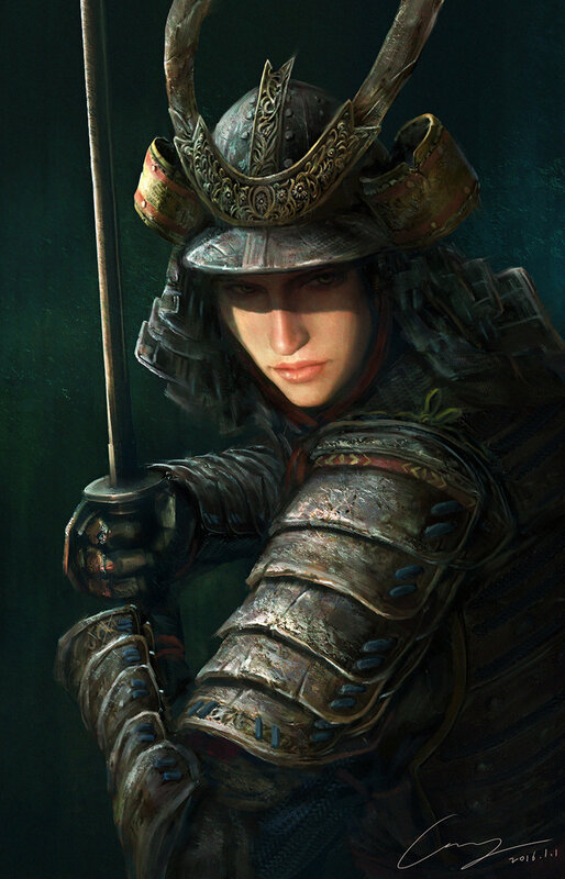 Samurai Warrior in Armor — Black, Dramatic, Digital Art, Helmet
