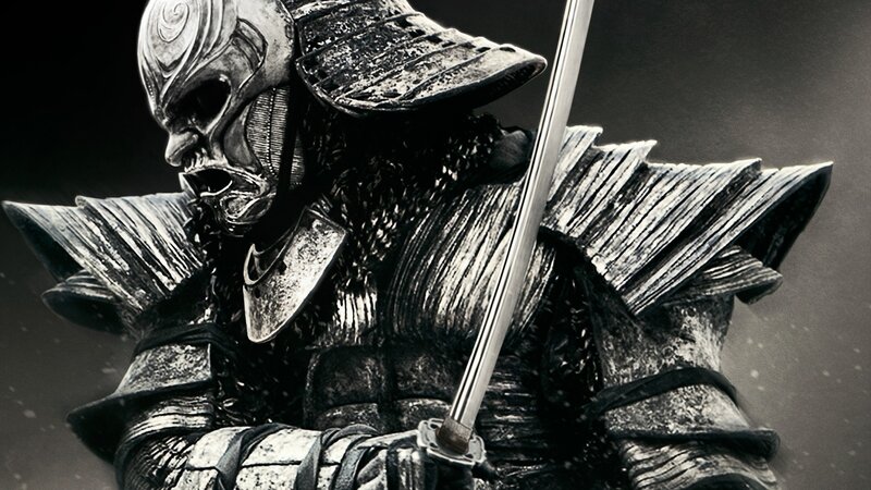 Samurai Warrior in Armor — Black, Dramatic, Digital Art, Sword, Mask, White